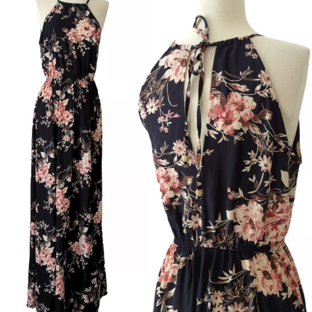 Lulu’s Feel The Music Midnight Blue Floral Print Maxi Dress Size XL NWT